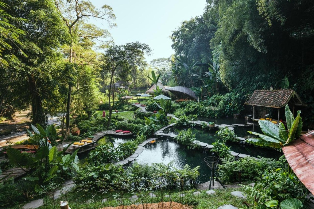 The spring-fed natural pools winding through the gardens beside the river