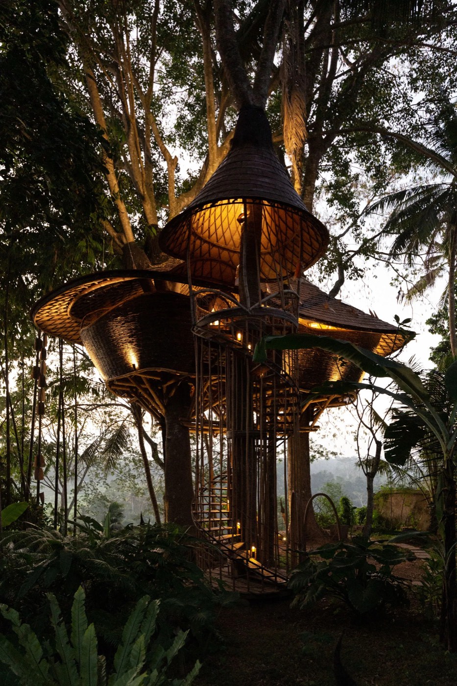 The bamboo treehouse at dusk, lit warm under the canopy